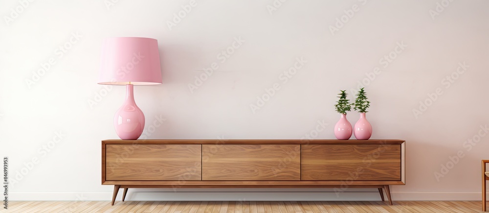 Poster Pink lamp placed on a stylish wooden cabinet in a contemporary living space with a retro ceiling lamp and space for a sofa. with copy space image. Place for adding text or design