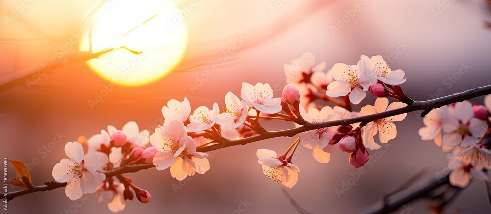Fototapete soft hues of the setting sun illuminate the elegant sakura blossoms in a captivating close-up shot. 