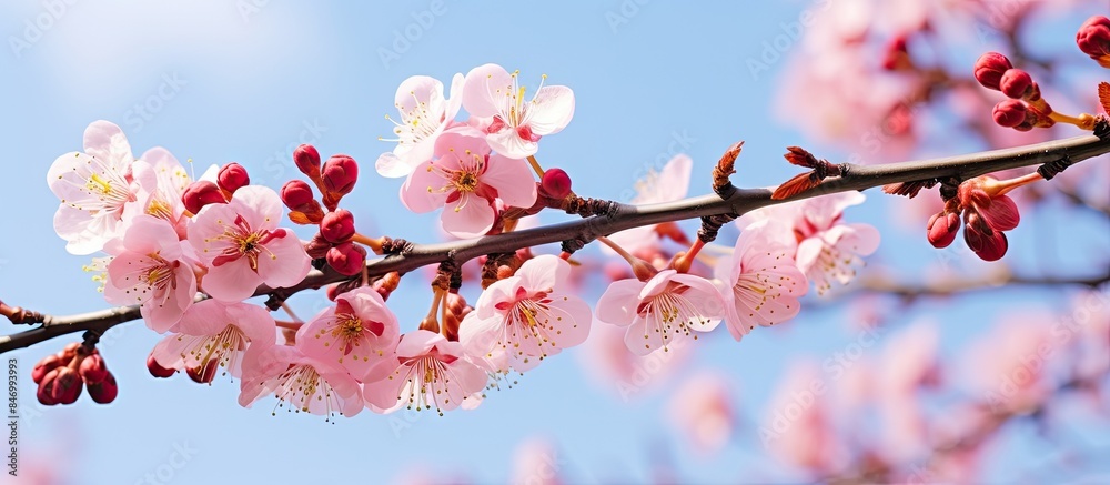 Fototapete close-up view of a branch from a cherry tree showcasing lovely pink blossoms in full bloom. with cop