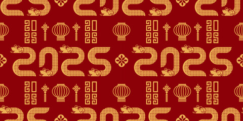 Seamless pattern happy chinese new year 2025 the snake zodiac sign with asian elements paper cut style on color background. ( Translation : happy new year 2024 year of the snake )
