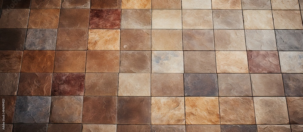 Fototapete Close-up view of a house's textured floor showcasing a mixture of red and brown tiles, creating a warm and inviting atmosphere. with copy space image. Place for adding text or design