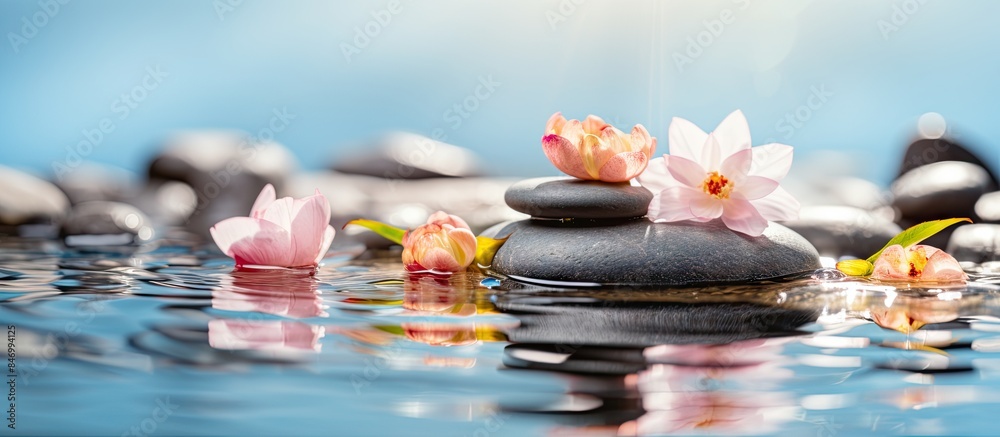 Poster Stones featuring delicate water flowers, creating a serene and harmonious natural scene in a tranquil environment. with copy space image. Place for adding text or design