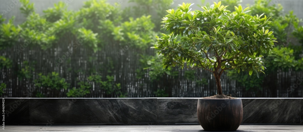 Aufkleber Potted plant on a wooden floor getting splashed by raindrops, creating a natural and serene setting. with copy space image. Place for adding text or design
