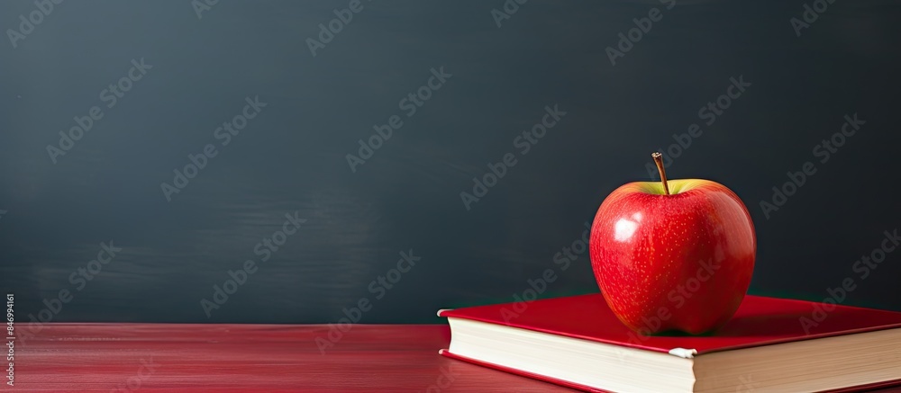 Poster Red apple positioned on top of a pile of books on a wooden table. with copy space image. Place for adding text or design