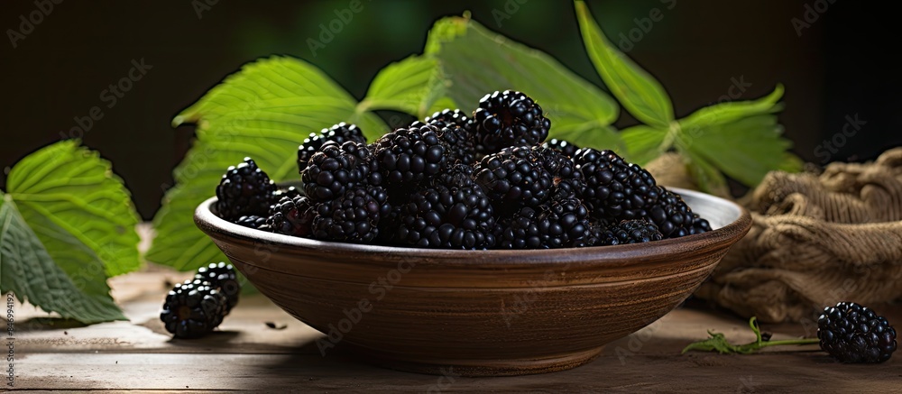 Fototapete juicy black mulberries at their peak ripeness arranged neatly in a bowl for consumption. with copy s