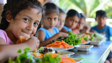 Community Center Lunch: Show children eating a healthy lunch at a community center, with a variety of fresh fruits and vegetables, capturing the community spirit.