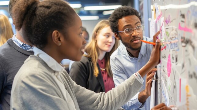 Collaborative Whiteboard Session: Illustrate a diverse group of employees collaborating on a whiteboard session, with vibrant and engaging interactions.