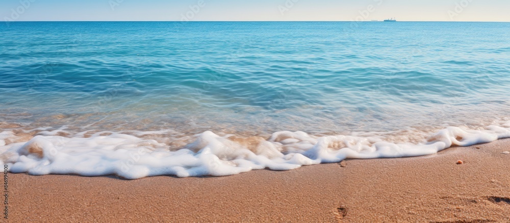 Poster a view of the shoreline at the beach as a wave rolls in, with small wet stones scattered in the sand