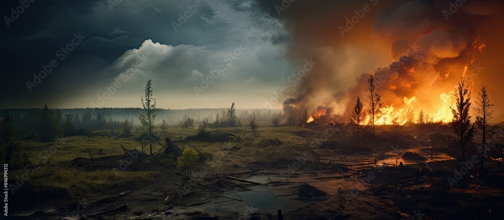 Aufkleber a rugged truck with one large tire is moving along a dusty road close to a fire burning in the dista