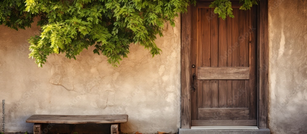 Poster Old wooden door featuring a small window and porch area in a rustic setting. with copy space image. Place for adding text or design