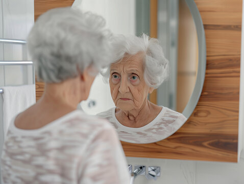 An elderly woman sadly looking at herself in the mirror