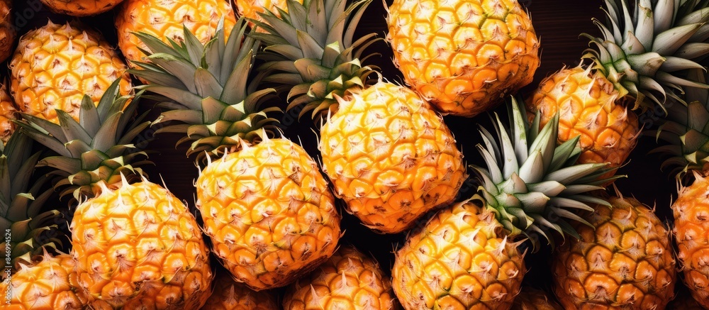 Poster Numerous pineapples stacked together on a flat surface creating a visually appealing background. with copy space image. Place for adding text or design