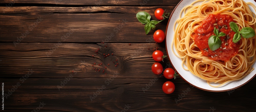 Poster Spaghetti with tomato sauce and fresh basil on a rustic wooden table, top view. with copy space image. Place for adding text or design