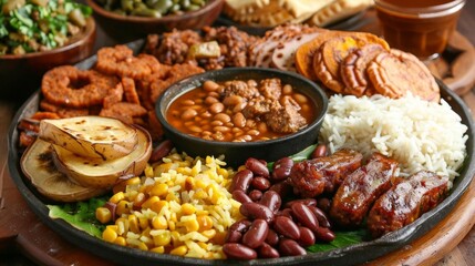 Obraz premium Colombian national dish Bandeja Paisa beans rice chorizo plantain pork rinds