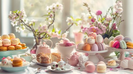 easter still life with eggs, easter brunch ambiance with a table setting featuring a spread of delectable treats, from hot cross buns to colorful macarons the festive atmosphere of the occasion