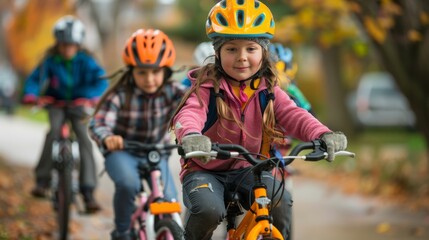 Cycling Group: Create an image of a group of children cycling together on a safe urban path, emphasizing their engagement and activity.