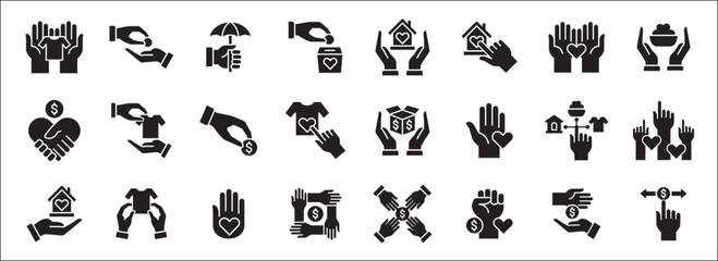 Donation and charity icon set. Clothe, home and food donation icons set. Fund donate sign. Volunteer symbol. Vector stock icons collection in thin line style design.