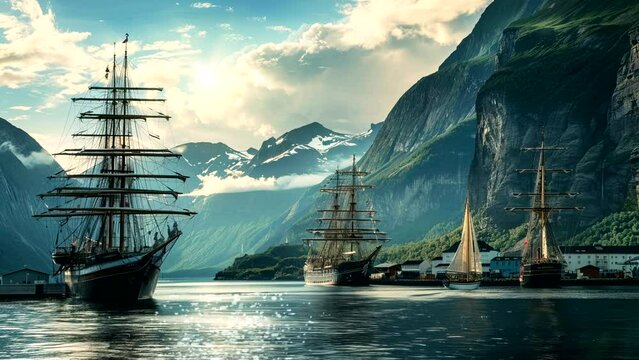 Nautical Serenity: Anchored Vessels Framed by Magnificent Mountain Vistas. Seamless looping time-lapse virtual 4k video animation background