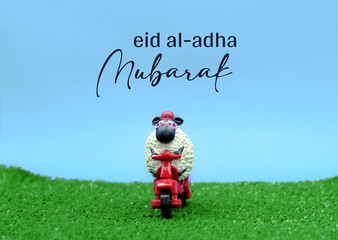Cute lamb on blue and green background. Greeting card on feast of the sacrifice, Eid al-Adha Mubarak. Kurban Bayraminiz kutlu olsun