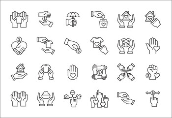 Donation and charity icon set. Fund donate sign. Clothe, home and food donation icons set. Volunteer symbol. Vector stock icons collection in thin line style design.