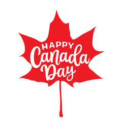 Happy Canada day. Hand lettering text in a real maple leaf shape on white background. Vector typography for independence day decorapions, posters, banners, cards