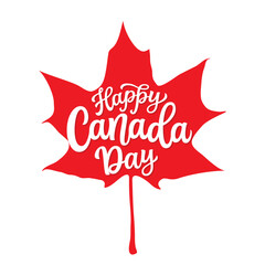 Happy Canada day. Hand lettering text in a real maple leaf shape on white background. Vector typography for independence day decorapions, posters, banners, cards