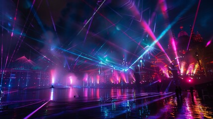 Nighttime scene with spectacular light displays at Tomorrowland Festival