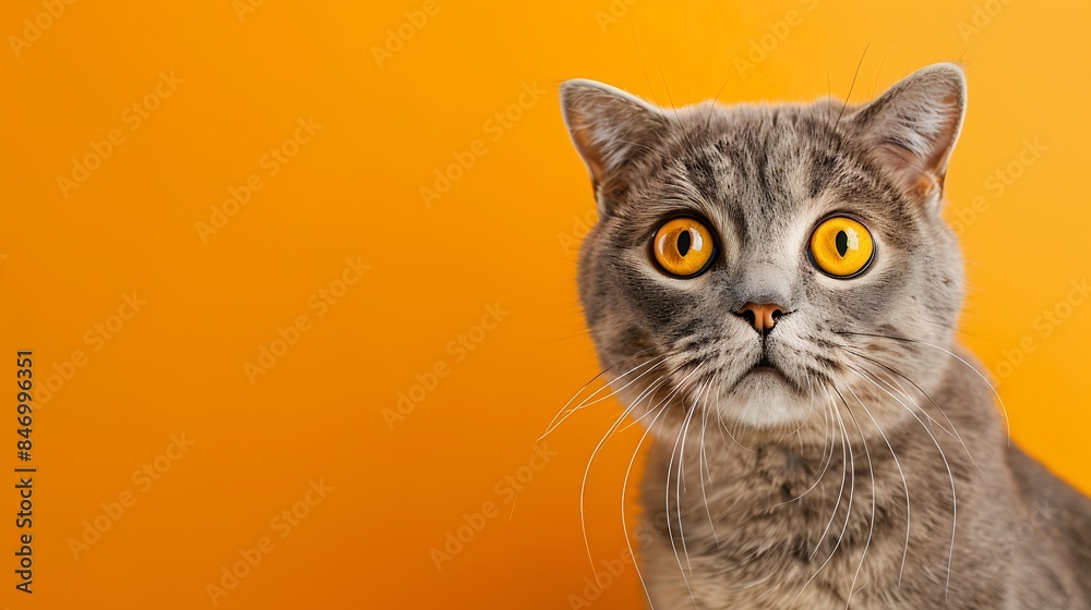 Poster cute british shorthair cat portrait looking surprised or shocked on an orange background with copy s