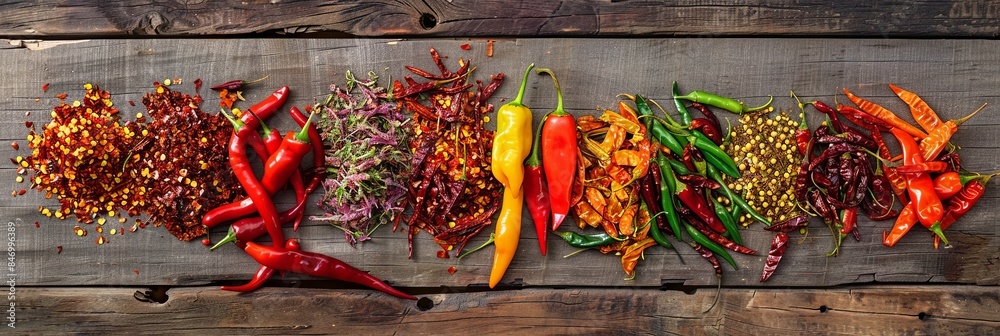 Poster a collection of fresh and dried chili peppers, arranged in a colorful display on a weathered wooden 