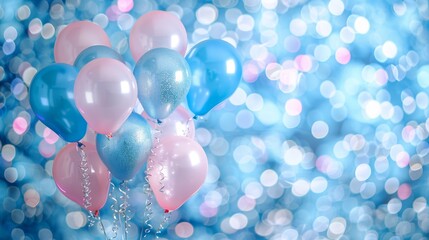 Colorful 3d balloons on blue bokeh background with confetti, sparkles, and celebratory lights