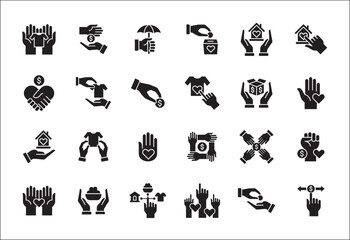 Donation and charity icon set. Clothe, home and food donation icons set. Fund donate sign. Volunteer symbol. Vector stock icons collection in thin line style design.