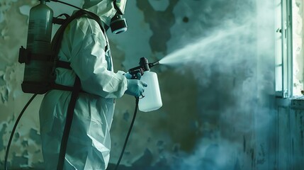 Spray gun with pesticides closeup An exterminator in work clothes sprays pesticides from a spray bottle Fight against insects in apartments and houses Disinsection of premises : Generative AI
