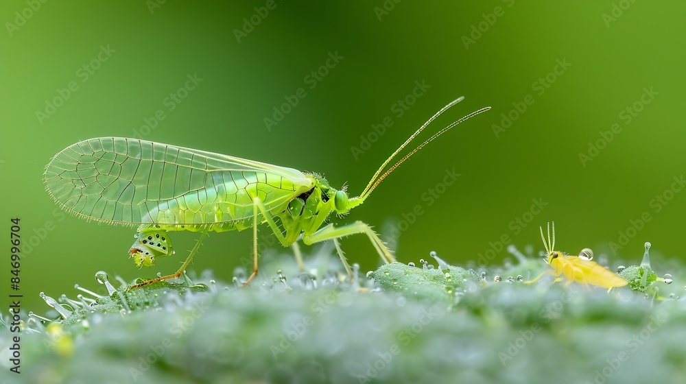 Poster Green Lacewing Chrysopa perla hunting for aphids It is an insect in the Chrysopidae family The larvae are active predators and feed on aphids and other small insects : Generative AI