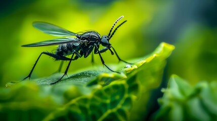 Darkwinged fungus gnat Sciaridae on a green leaf these insects are often found inside homes : Generative AI