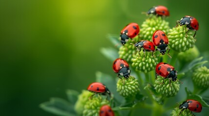 Macro photo of several red insects on top of a green flower Insects on a green plant Closeup zoom photo focusing on insects on top of a plant : Generative AI