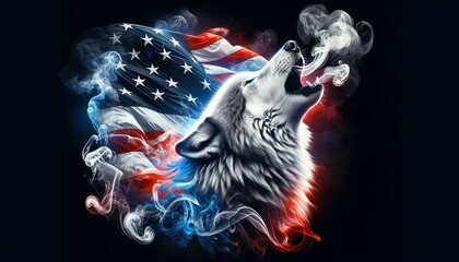 Vibrant Smoke Wolf Howling with American Flag