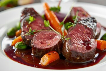 Venison Medallions Tender venison medallions cooked to perfection, plated with a rich red wine sauce and seasonal vegetables