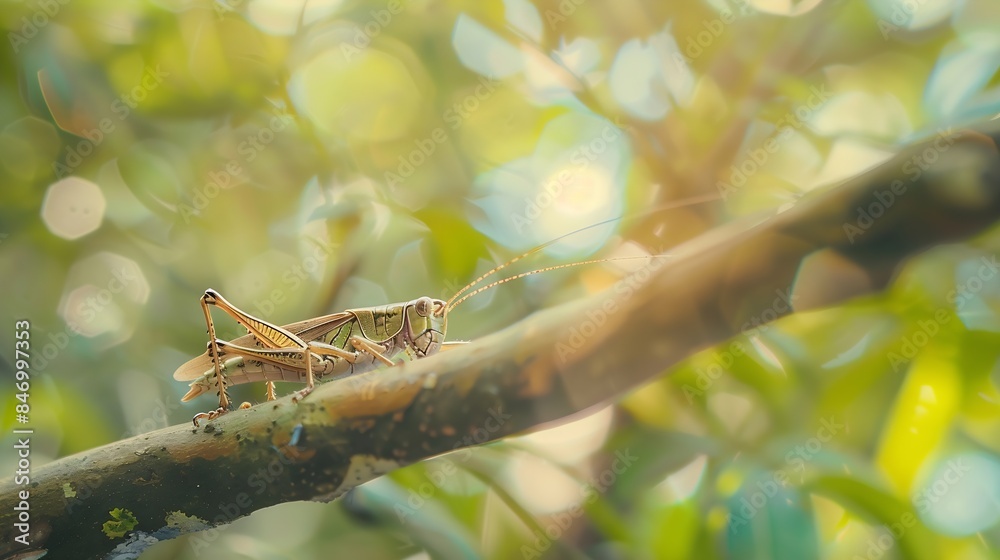 Poster brown grasshopper on a branch macro photo of this cute orthoptera insect in the grass somewhere in t