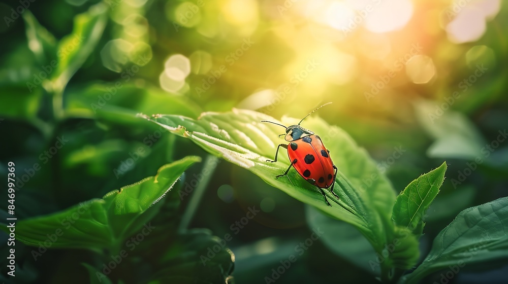 Poster natural closeup on the red firebug pyrrhocoris apterus sitting on a leaf in the garden : generative 