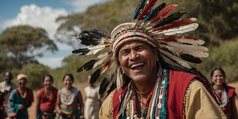 Fototapeta premium A joyful indigenous man with a feather headdress laughs heartily at a cultural gathering, exuding happiness