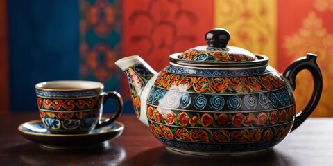 A traditional tea set with a beautiful ornate design, including a tea pot and cup, set against a backdrop of richly colored drapery