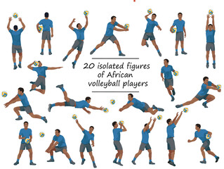 Black African volleyball team players in blue sports equipment training, running, jumping, throwing, hitting the ball
