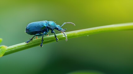Fototapeta premium Macro photography of a tiny blue beetle walking on a stem of a wild plant in a field near the town of Arcabuco in central Colombia : Generative AI