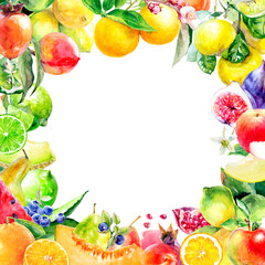 The illustration shows a colorful border of fresh fruit watercolor, perfect for summer