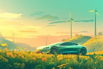 Fototapeta premium Futuristic electric car in a vibrant meadow with wind turbines and a golden sunset.
