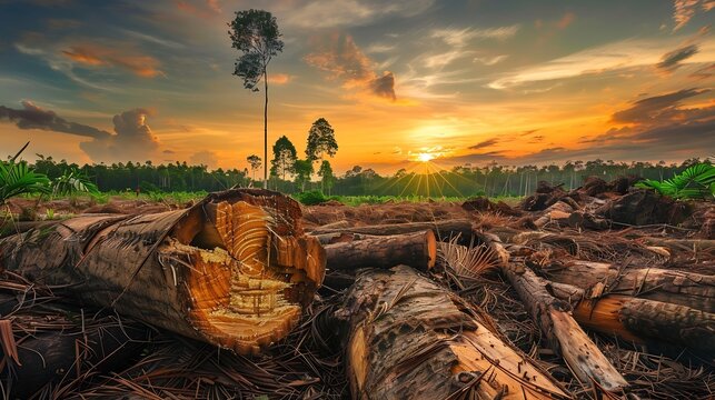Felled tree against the sunset Cutting trees at forests area Stacks of cut wood Deforestation forest and Illegal logging Wood logs timber logging Destruction the environmetal and ecolo : Generative AI