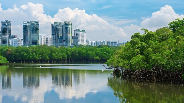 Mangrove Forest and pond in Sungei Buloh Wetland Reserve Singapore an important stopover point for migratory birdsThe background is the buildings of JOHOR BAHRU Malaysia : Generative AI