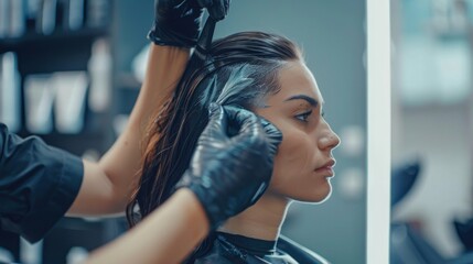 A woman is getting her hair dyed in a salon. A stylist is applying dye to her hair with a brush, while wearing black gloves.