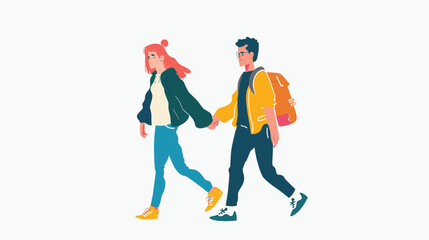 Young couple walking together holding hands, casual clothing. Man woman backpack beanie, stylized modern illustration. Vibrant colors, youthful characters, plain background, leisure activity