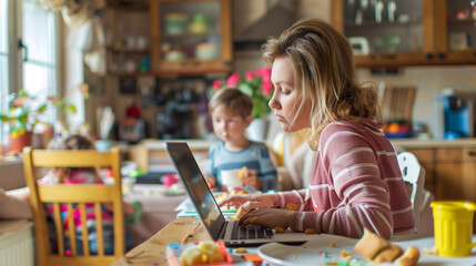 Young mother is multitasking, working from home on her laptop while her children are having breakfast in the kitchen